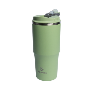 Rooveco Flow Tumbler – Olive – Front view with flip lid on transparent background