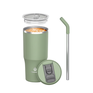 Rooveco Flow Tumbler – Olive – Full product set with lids and straw on transparent background