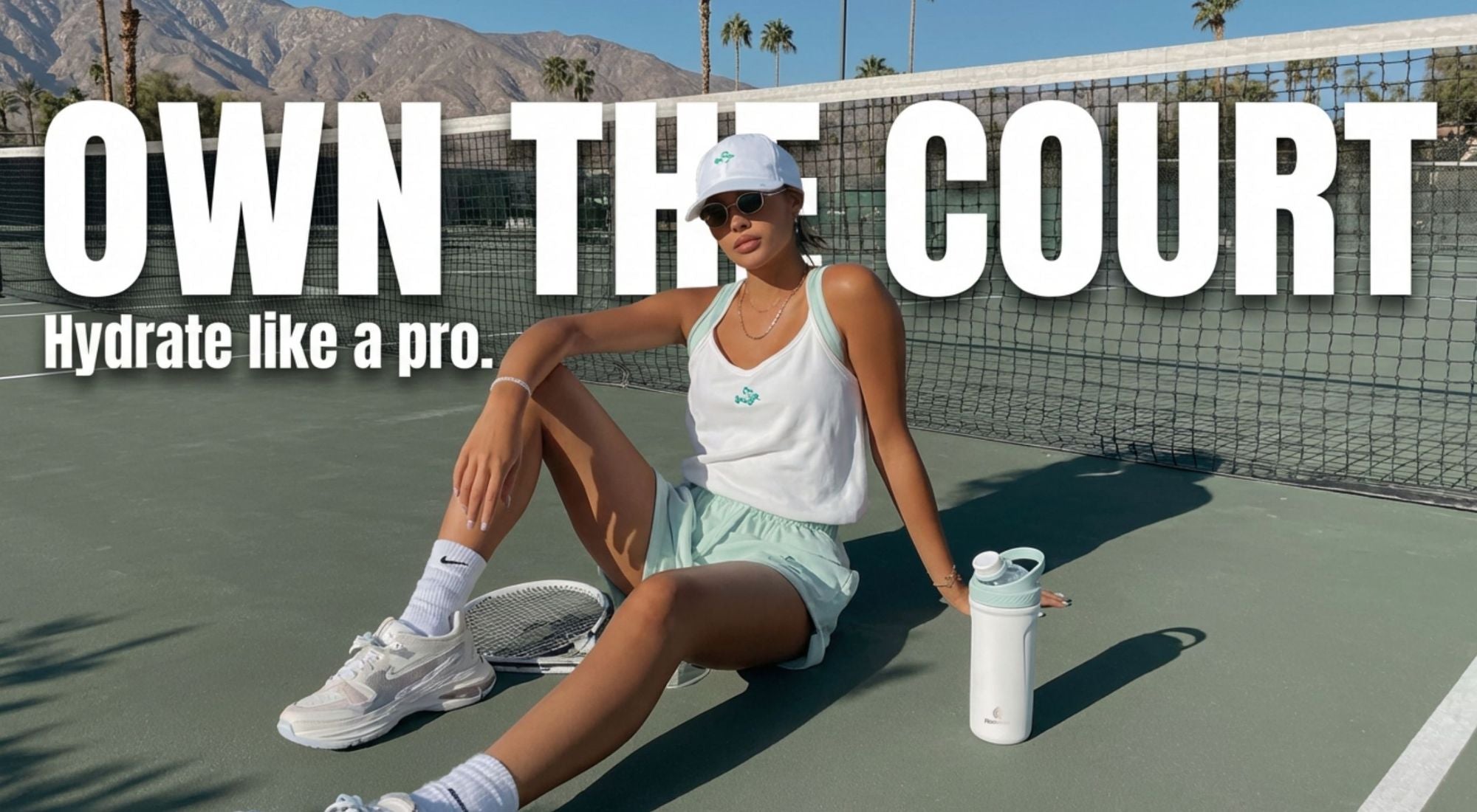 Woman sitting on a tennis court with a Rooveco tumbler beside her. Premium sporty lifestyle banner with “Own the Court” headline.