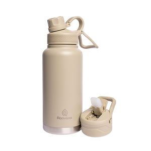 Rooveco Titan Flask – Celadon – Front view with dual lids on transparent background