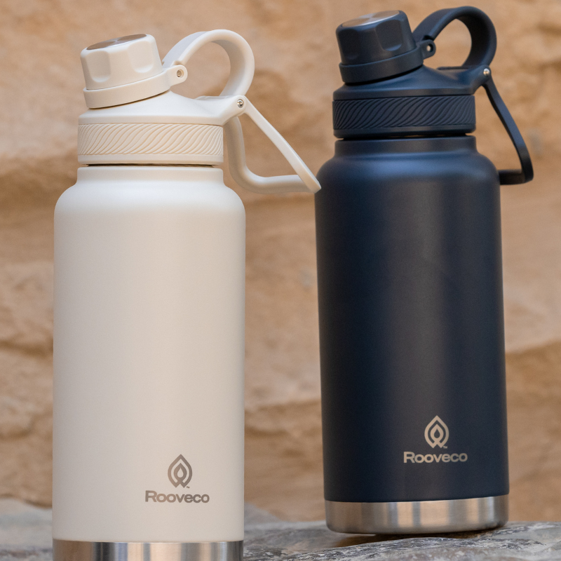 Rooveco Celadon and Black insulated water bottles with loop lids – lifestyle hydration guide image