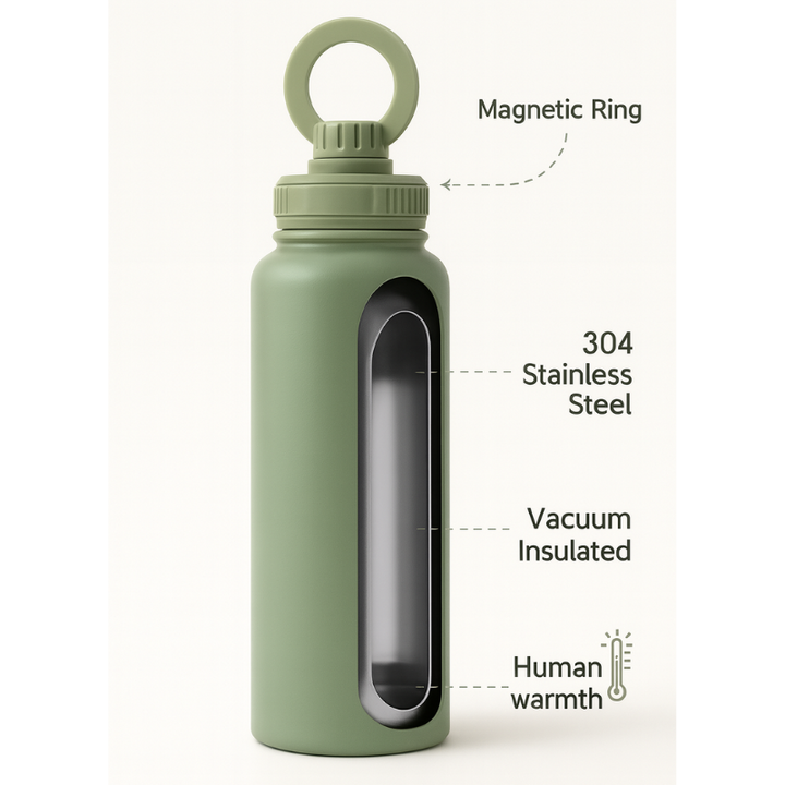 Green MagSafe Bottle – 946ml | Cutaway Side View Showing Vacuum Insulation and Magnetic Ring
