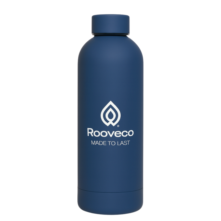 PureSip 500ml navy blue insulated stainless steel water bottle by Rooveco with minimalist matte finish