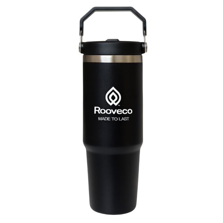 Rooveco Flex 880ml insulated tumbler in matte black – foldable handle, straw lid, and stainless steel body