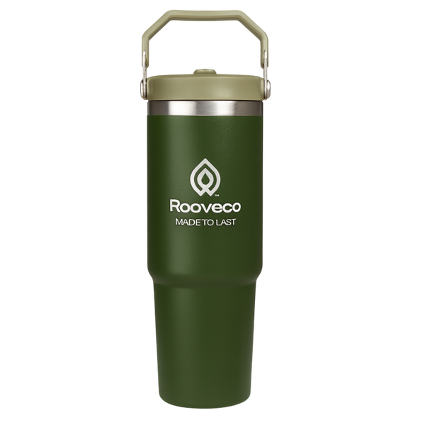 Rooveco Flex 880ml tumbler in olive green with foldable handle and straw lid – insulated stainless steel travel mug