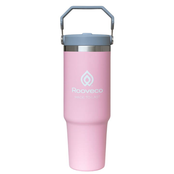 Rooveco Flex 880ml tumbler in pastel pink with collapsible handle and straw lid – sleek design for daily hydration