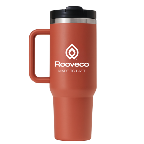 Rooveco Vault 1.18L insulated mug in copper with wide handle and straw lid – stainless steel travel cup