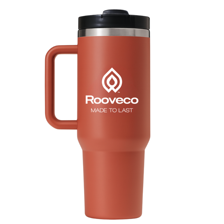 Rooveco Vault 1.18L insulated mug in copper with wide handle and straw lid – stainless steel travel cup