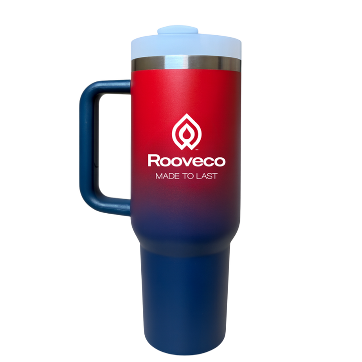 Rooveco Vault 1.18L insulated mug in navy blue with red body and light blue lid – bold stainless steel tumbler with handle