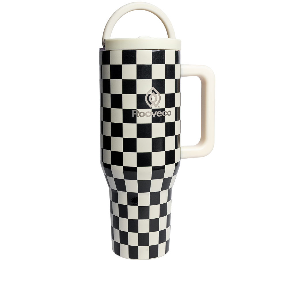 Rooveco CheckMate – Black Checkered – Front view with handle ring on transparent background