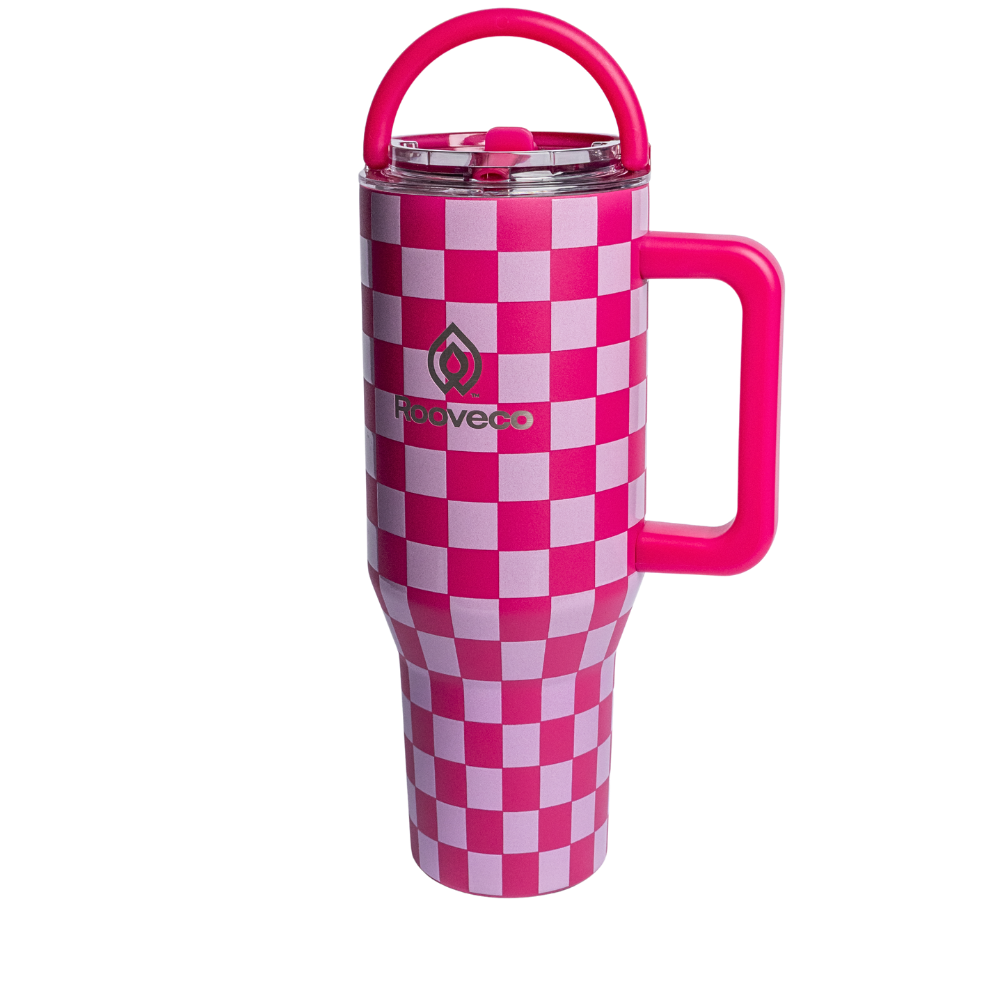 Rooveco CheckMate – Pink Checkered – Front view with handle ring on transparent background