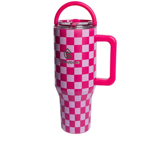 Rooveco CheckMate – Pink Checkered – Front view with handle ring on transparent background