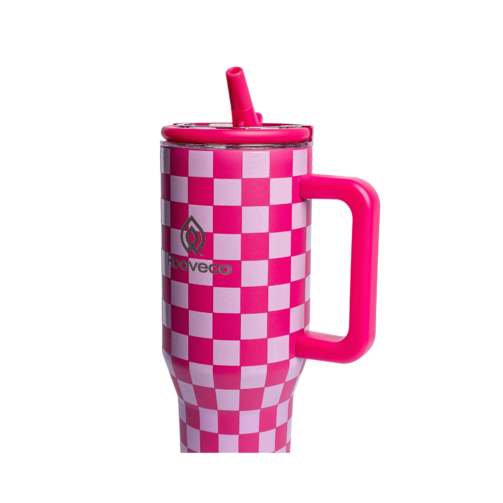 Rooveco CheckMate – Pink Checkered – Angled view with straw on transparent background