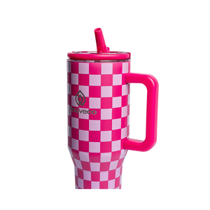 Rooveco CheckMate – Pink Checkered – Angled view with straw on transparent background