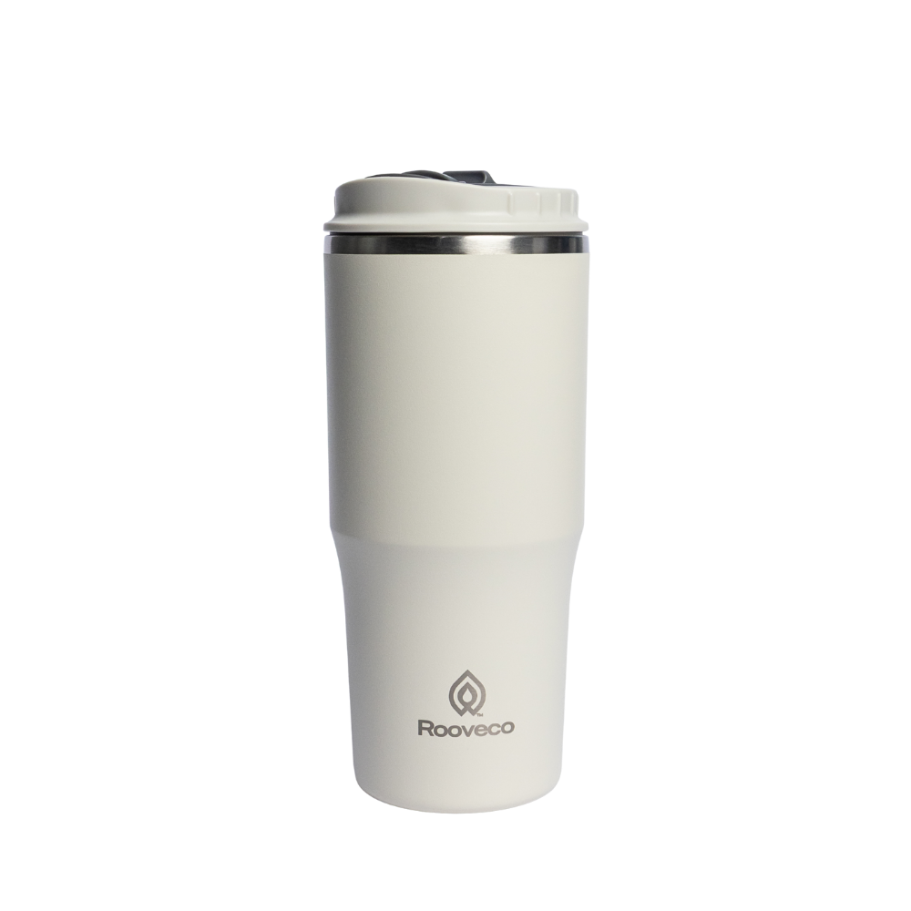 Rooveco Flow Tumbler – Cream – Front view with flip lid on transparent background