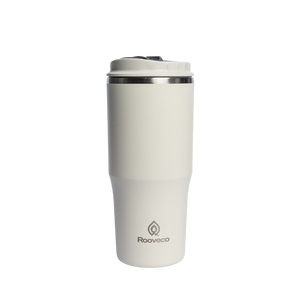 Rooveco Flow Tumbler – Cream – Front view with flip lid on transparent background
