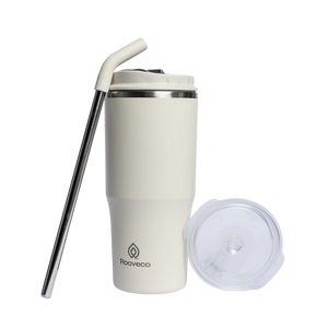 Rooveco Flow Tumbler – Cream – Product set with straw and extra lid on transparent background