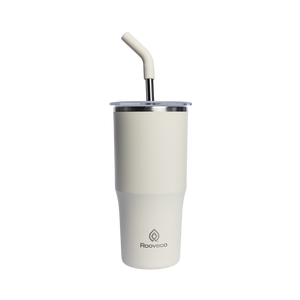 Rooveco Flow Tumbler – Cream – Front view with straw on transparent background