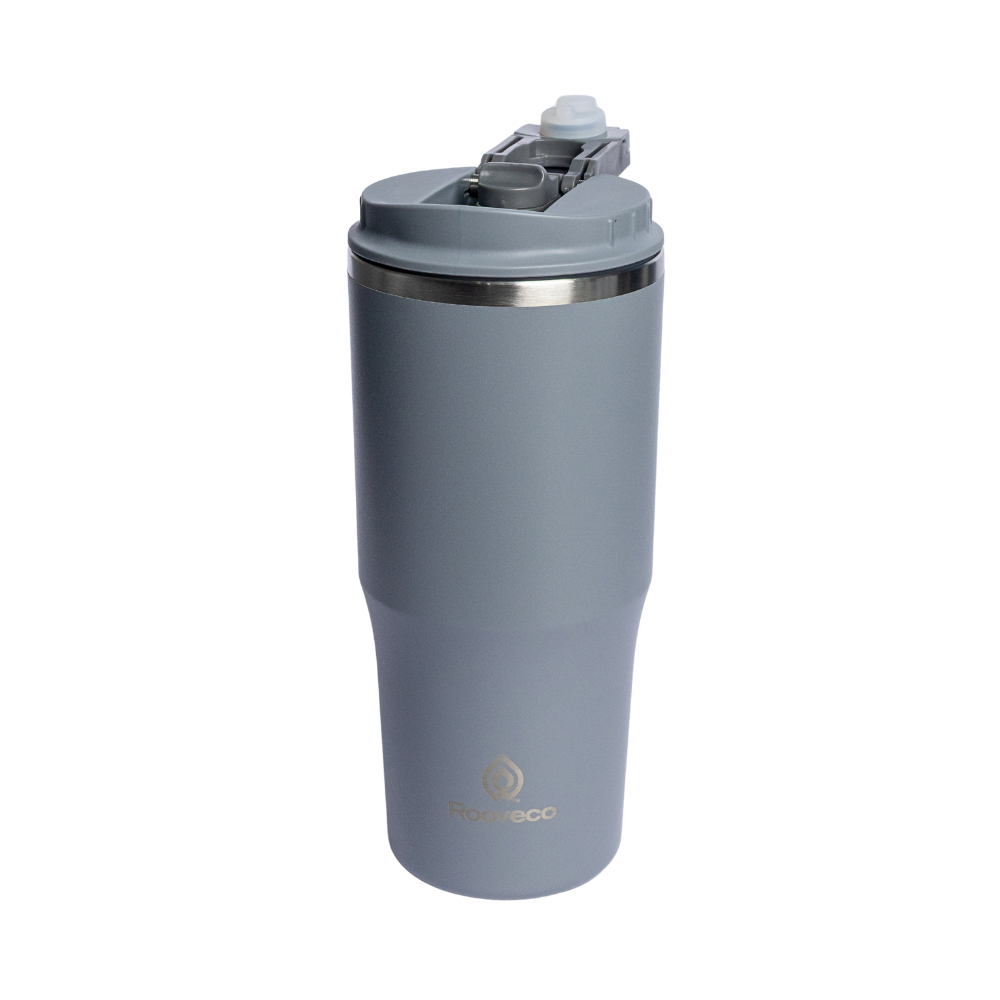 Rooveco Flow Tumbler – Grey – Front view with flip lid on transparent background