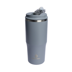 Rooveco Flow Tumbler – Grey – Front view with flip lid on transparent background