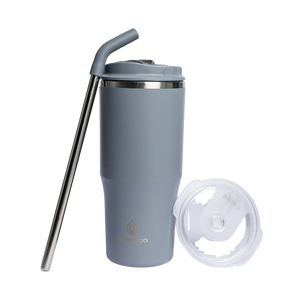 Rooveco Flow Tumbler – Grey – Product set with straw and extra lid on transparent background