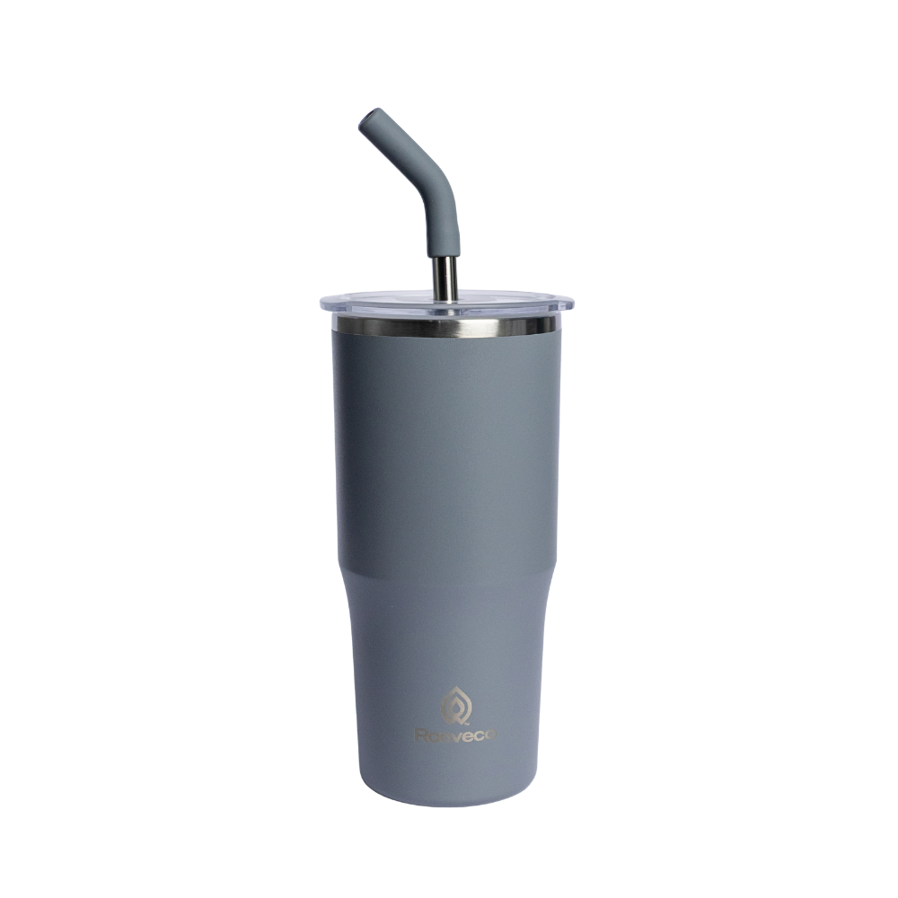 Rooveco Flow Tumbler – Grey – Front view with straw on transparent background