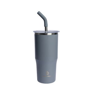 Rooveco Flow Tumbler – Grey – Front view with straw on transparent background