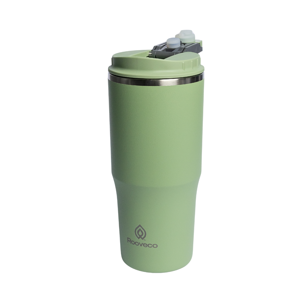Rooveco Flow Tumbler – Olive – Front view with flip lid on transparent background