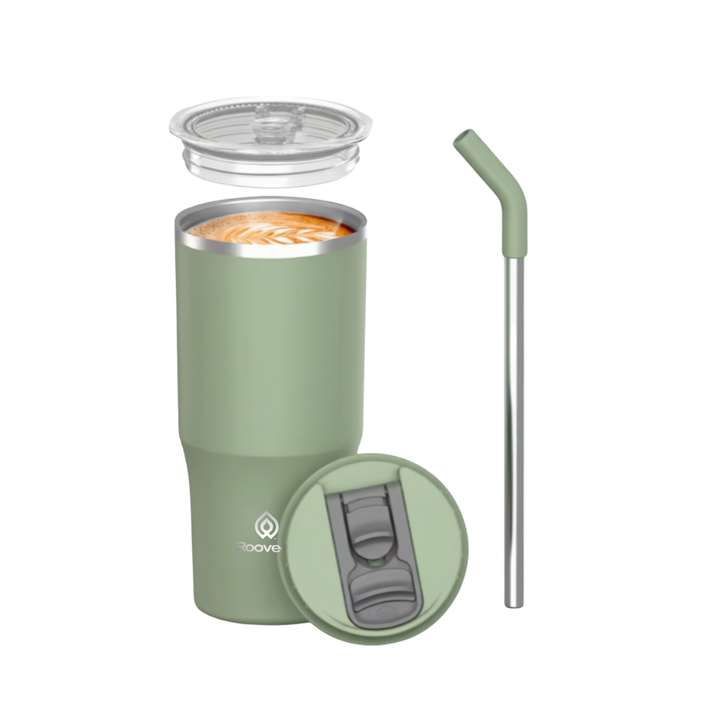 Rooveco Flow Tumbler – Olive – Full product set with lids and straw on transparent background