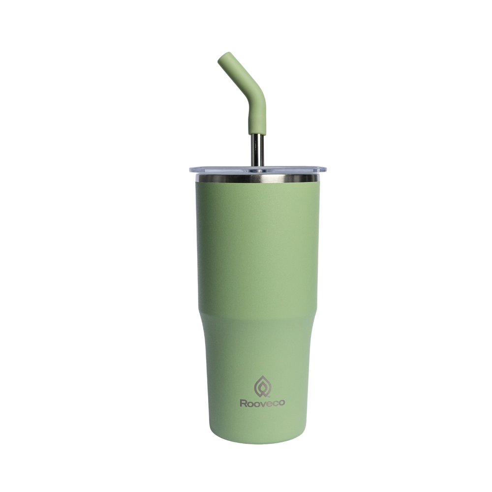 Rooveco Flow Tumbler – Olive – Front view with straw on transparent background