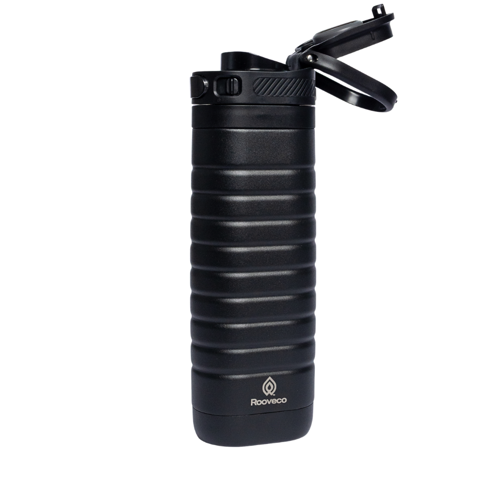 Rooveco GoSip – Black – Angled view with open flip lid