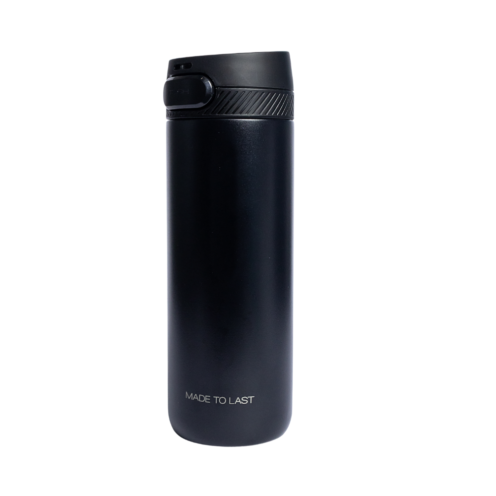 Rooveco Move Bottle – Black – Back view showing Made to Last text