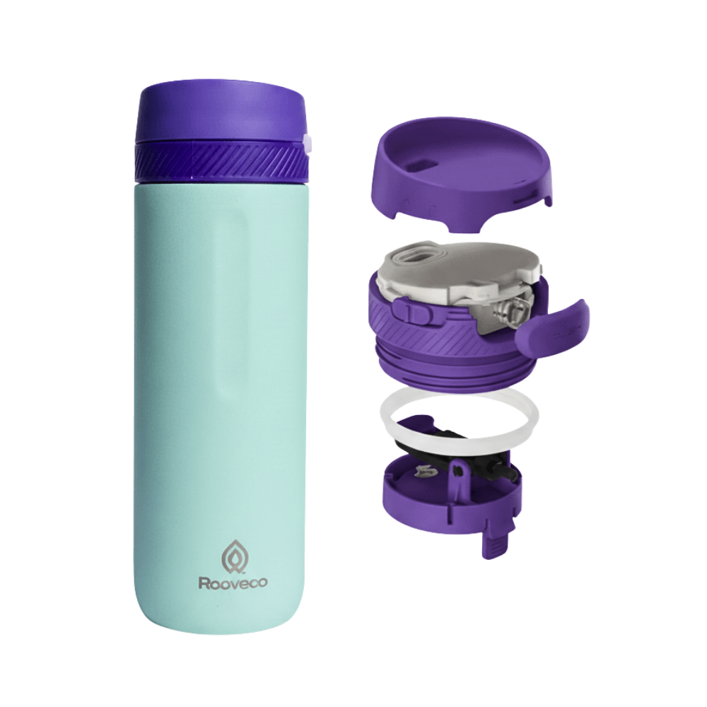 Rooveco Move Bottle – Mint – Exploded lid components on transparent background