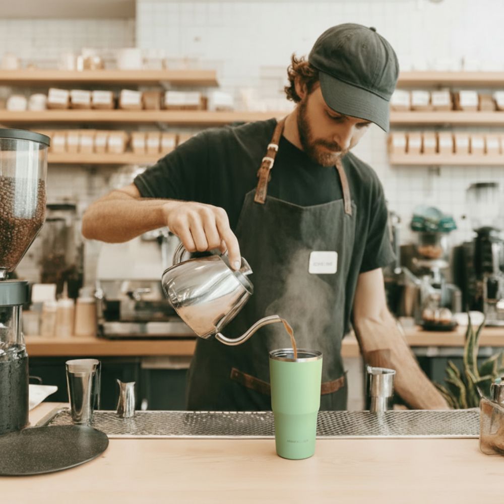 Barista pouring coffee into a green Rooveco tumbler at a café counter. Warm coffee shop lifestyle scene.