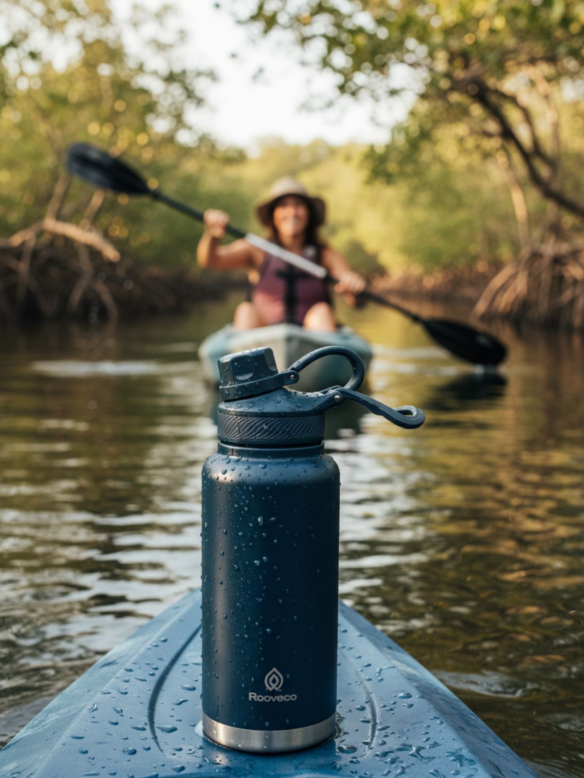Rooveco navy bottle on a kayak with water droplets, while a woman kayaks in the background. Outdoor hydration lifestyle shot.