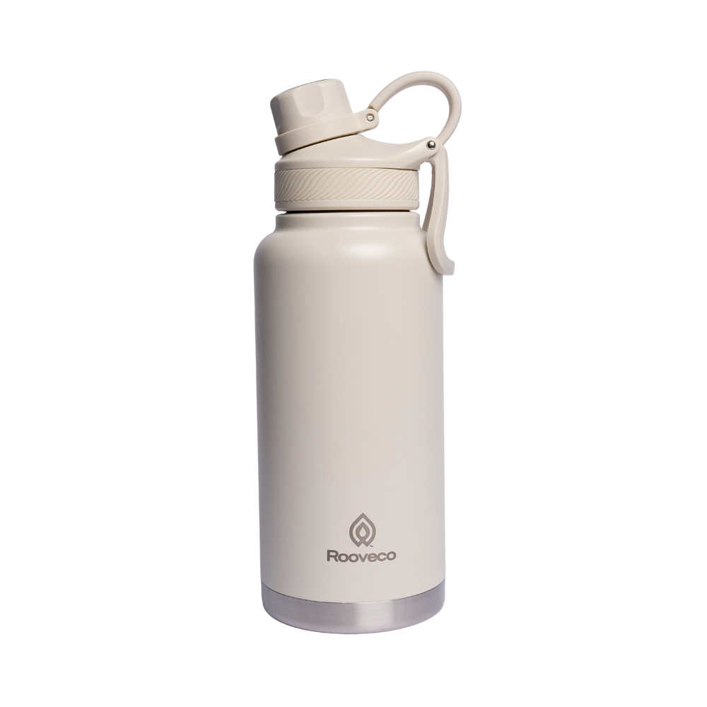 Rooveco Titan Flask – Beige – Front view with dual lids on transparent background