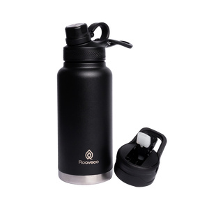 Rooveco Titan Flask – Black – Front view with dual lids on transparent background