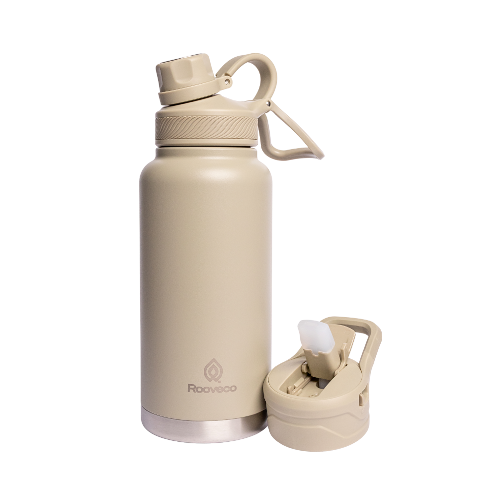 Rooveco Titan Flask – Celadon – Front view with dual lids on transparent background